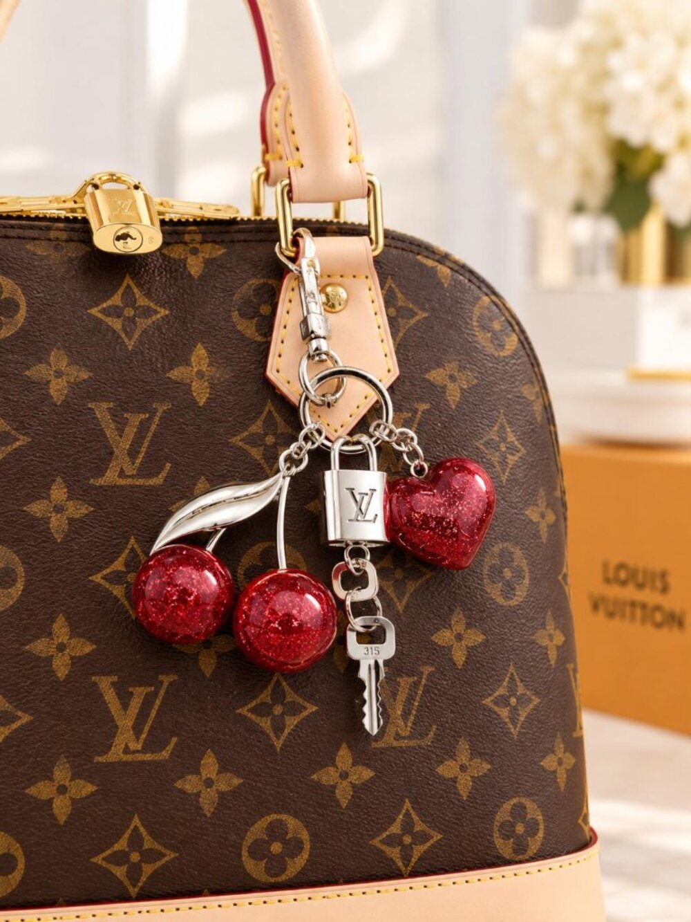 Authentic Louis Vuitton Silver Padlock with Unbranded Red Cherry Charm